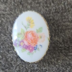 Floral Porcelain Oval Statement Brooch in Multi-Color